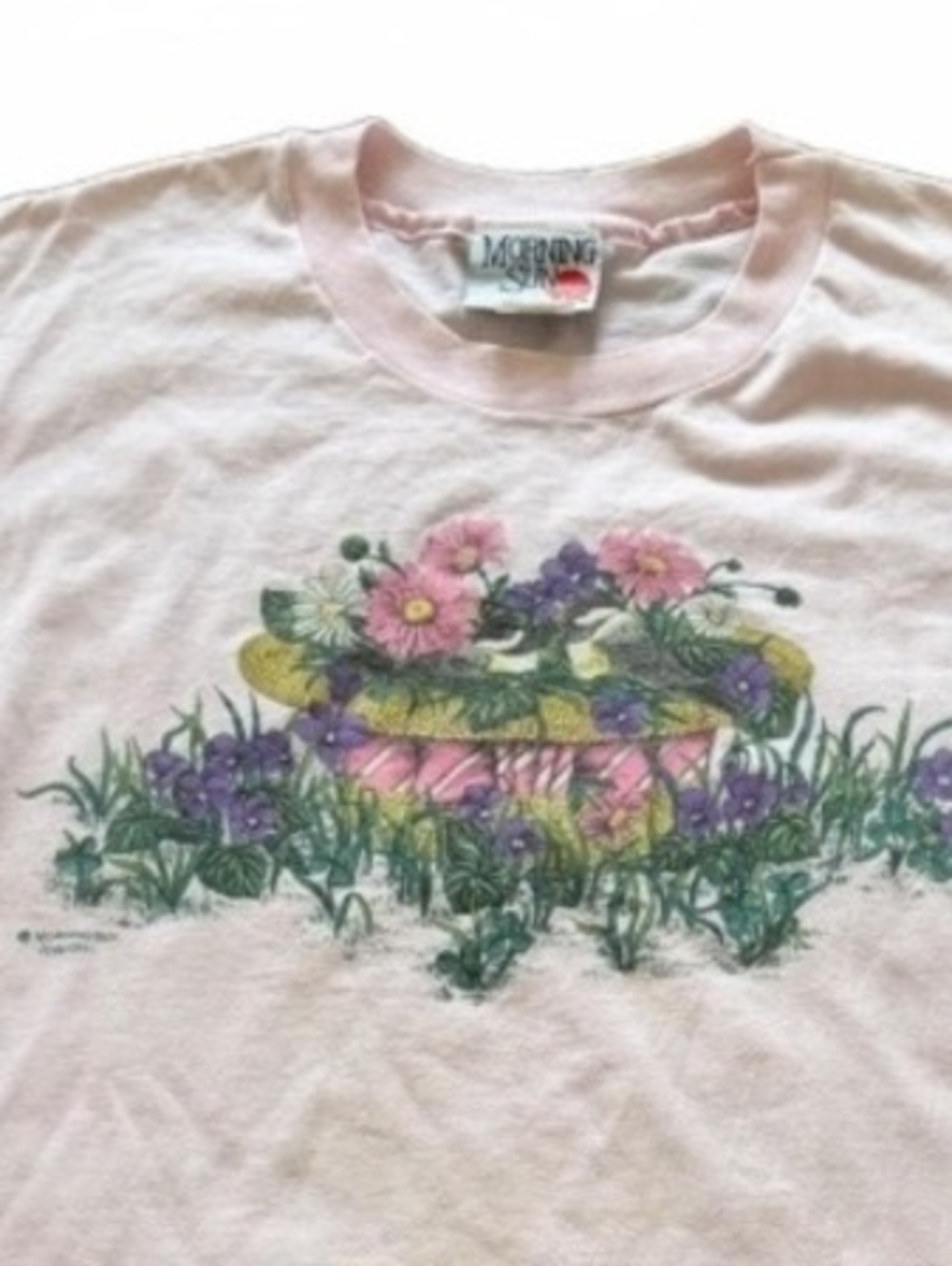 Vintage Morning Sun Floral Bird Pink Graphic Tee Made USA Size Large